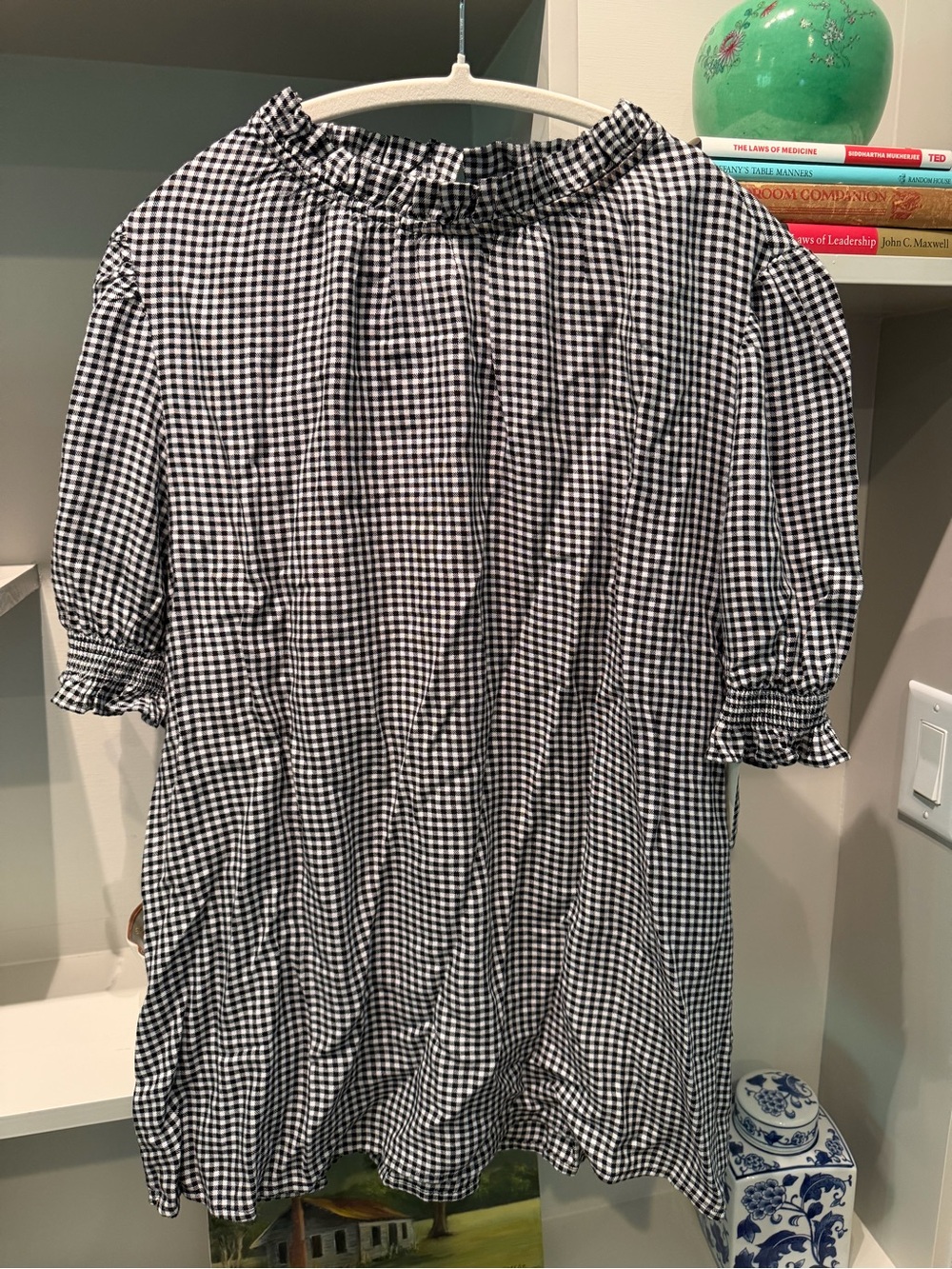 Amazon Essentials Black and White Gingham Ruffle-Neck Top
